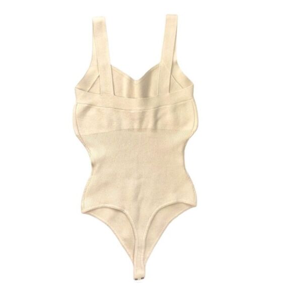 Abercrombie & Fitch cream V-neck‎ ribbed sweater bodysuit, L Nwot - Picture 2 of 5